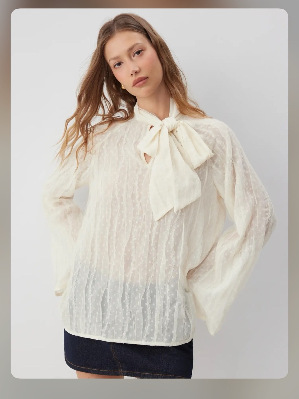 JACQUARD STAND COLLAR KNOTTED BELL SLEEVE OVERSIZED BLOUSE XS CR32-15